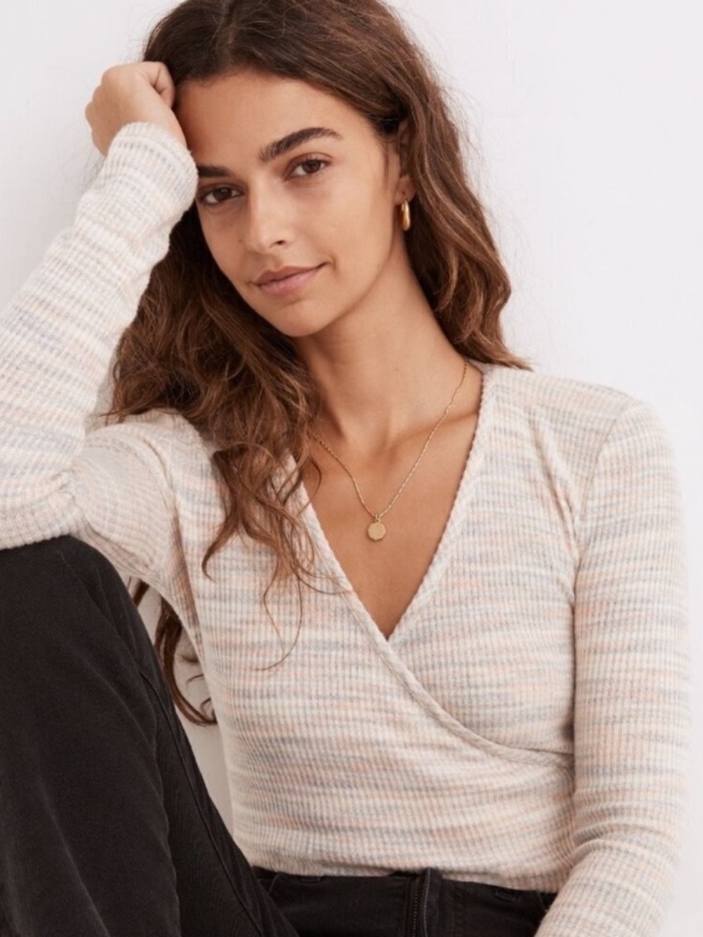 Madewell Space-Dye Soft Pastel Faux Wrap Long Sleeve Top Size Small Deep V-neck